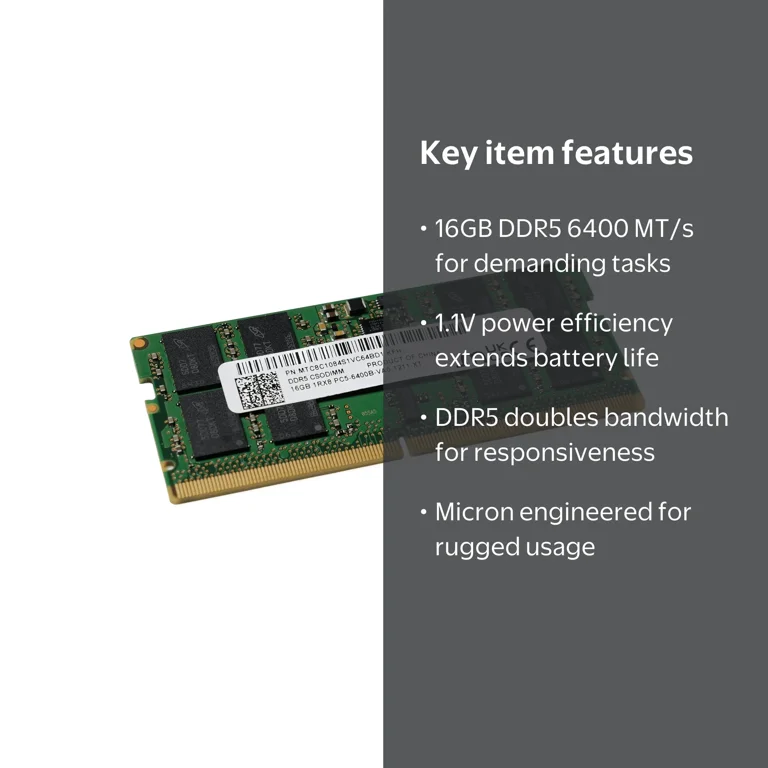 Micron 16GB DDR5-6400 (PC5-6400B) 262-Pin 1Rx8 CSODIMM / SODIMM