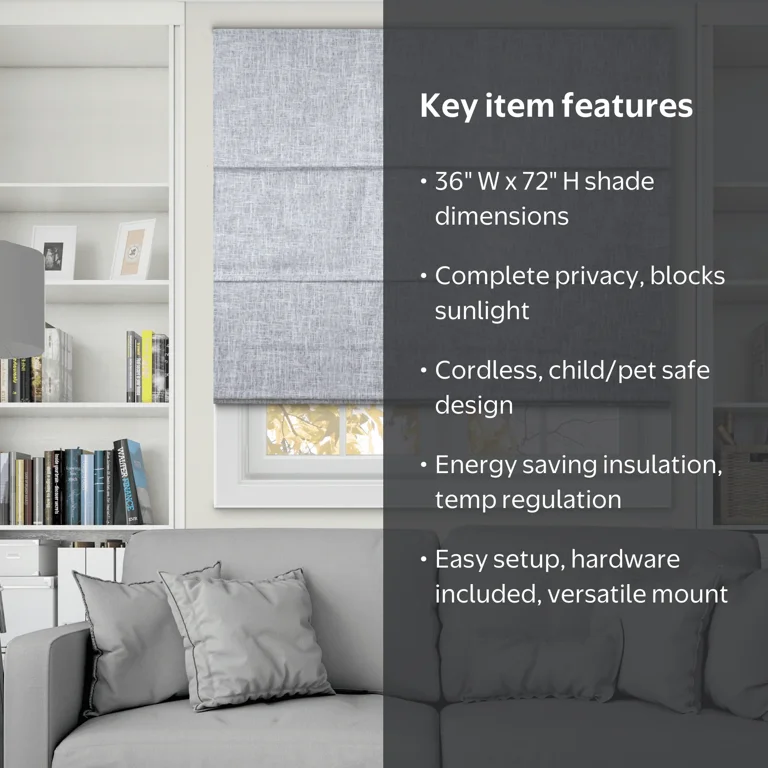 Chicology Cordless Roman Shade, Blackout, Lexington Gainsboro, 36
