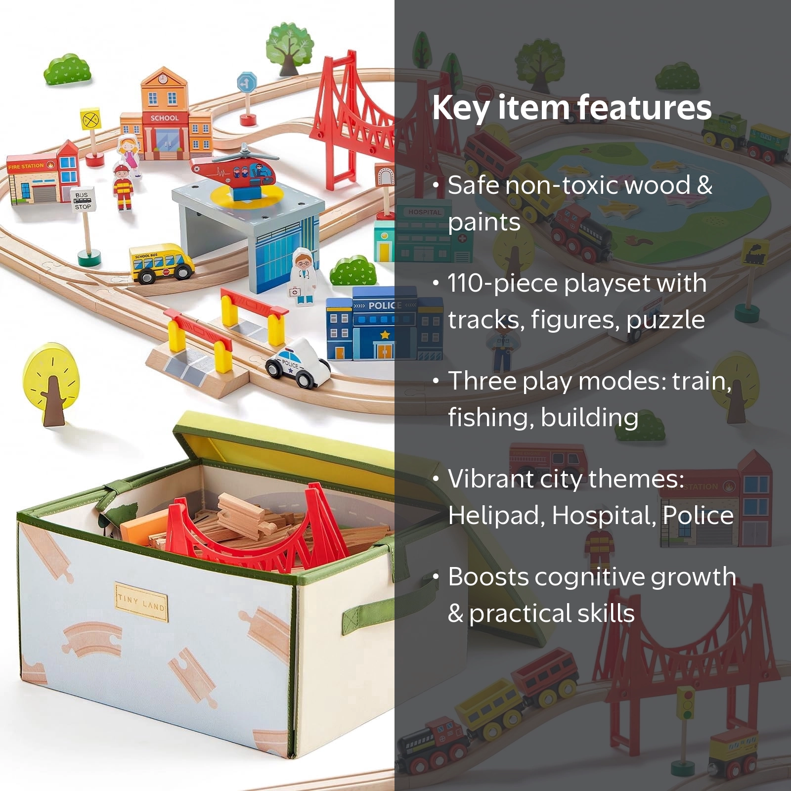 Tiny Land 110-Piece Wooden Train Set with Storage Box and City