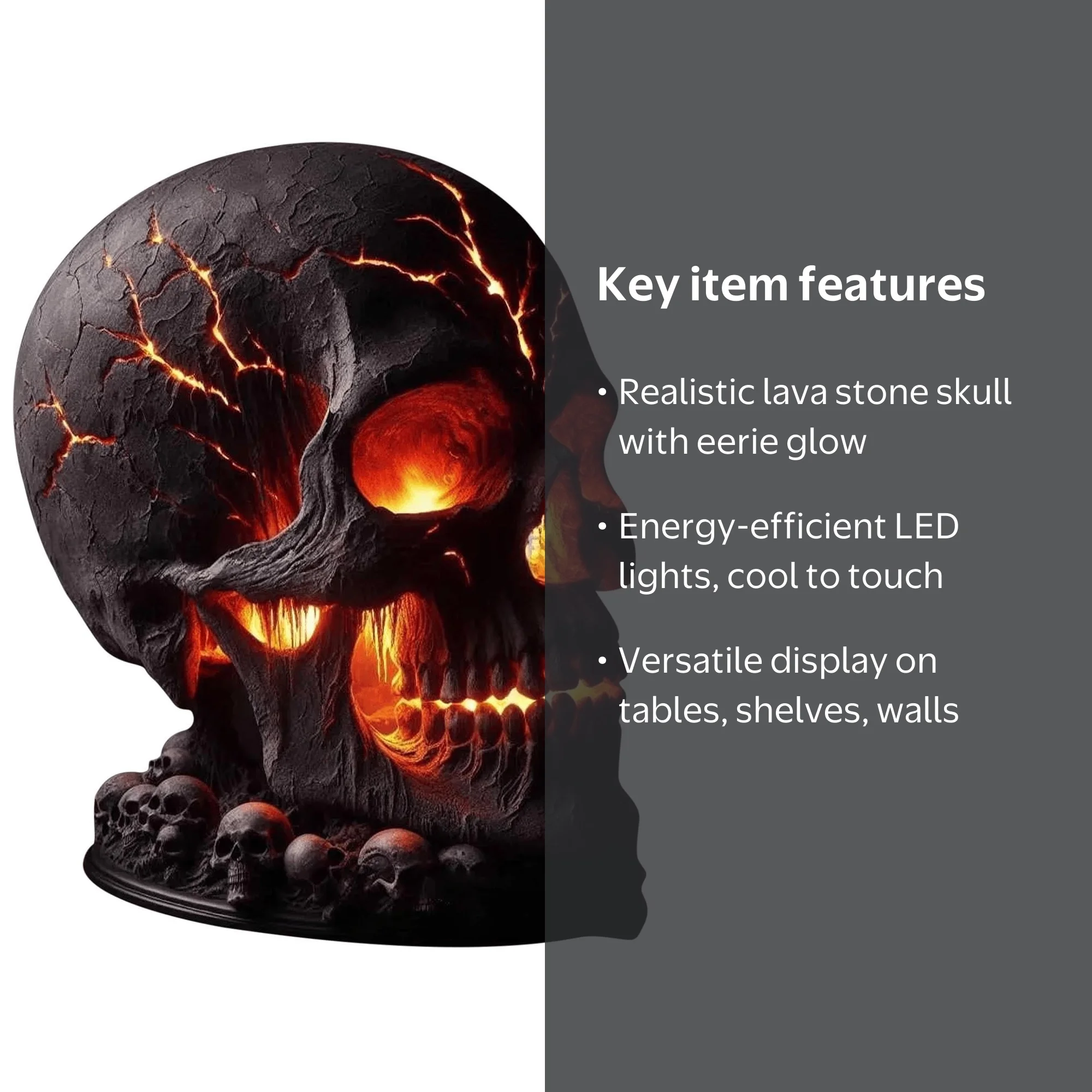 Chanana Skull Flame Table Lamp, Lava Stone Skull LED Desk Light