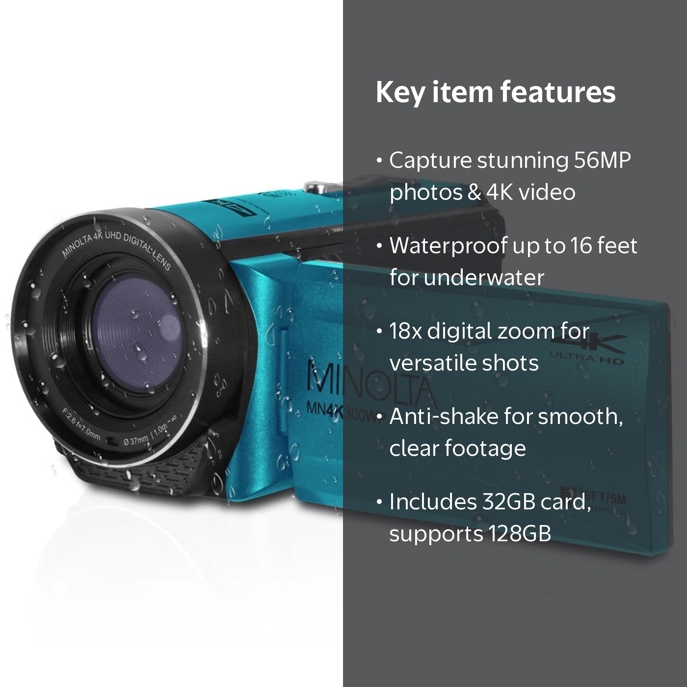 Minolta, Waterproof 4K Ultra HD Camcorder, 56 MP, Blue - Walmart.com