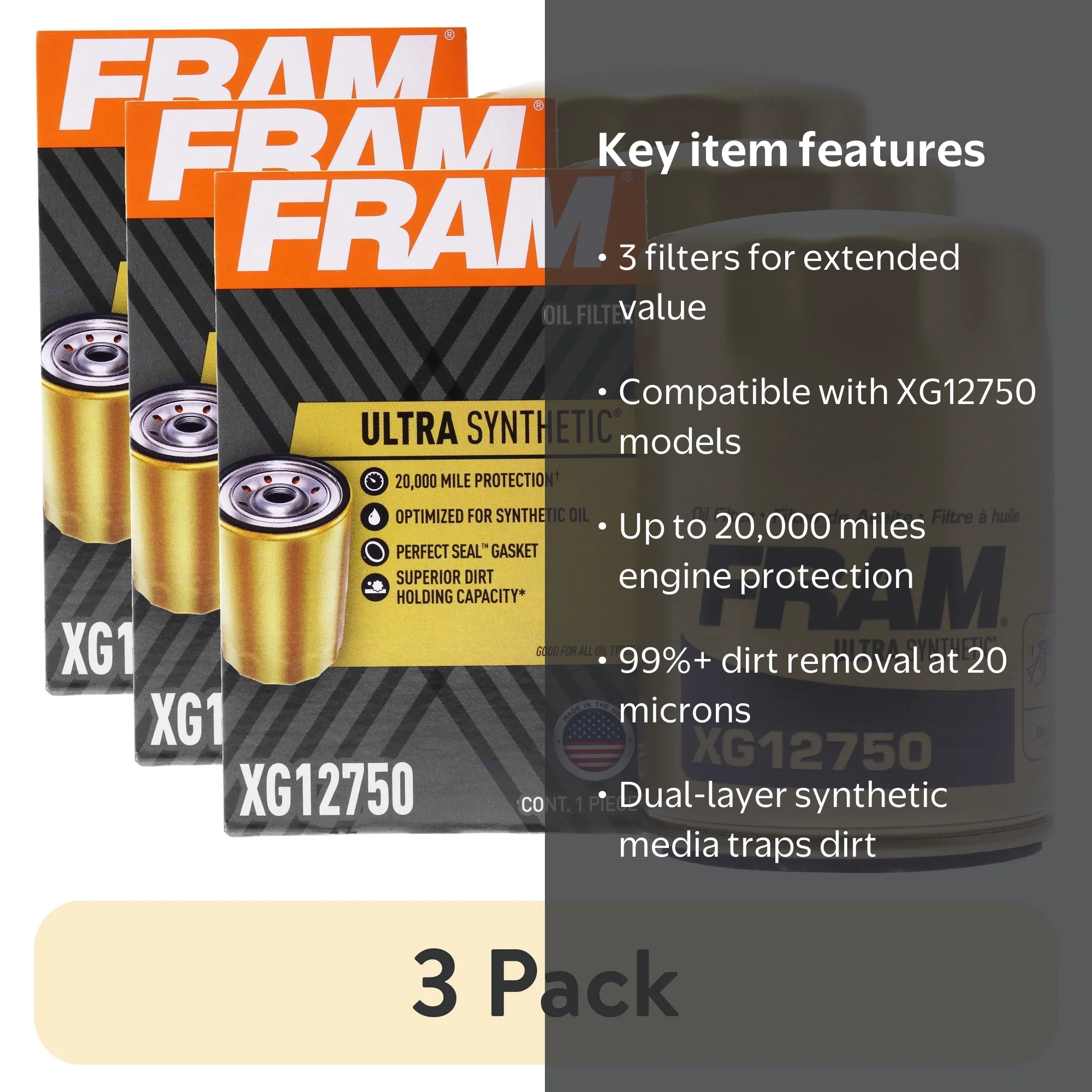 3 pack) FRAM Ultra Synthetic XG12750, 20K mile Replacement Oil