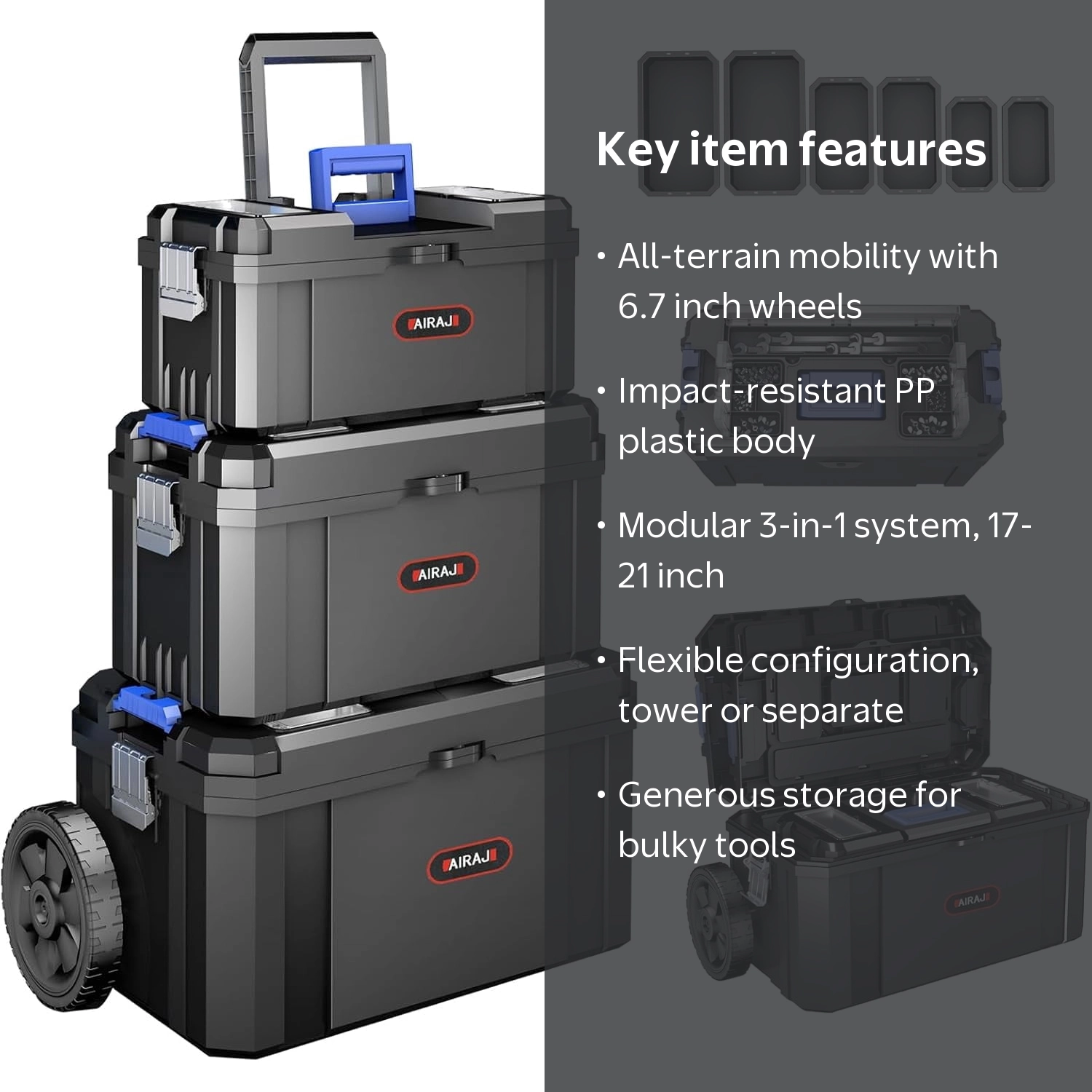 Airaj, 3-in-1 Modular Rolling Tool Box, Blue, Wheels - Walmart.com