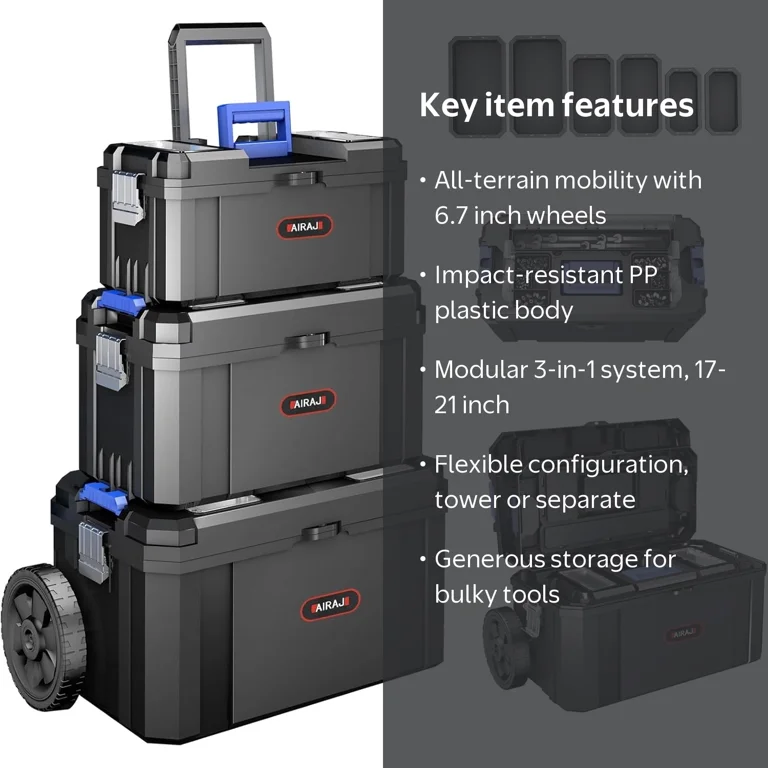 Airaj, 3-in-1 Modular Rolling Tool Box, Blue, Wheels - Walmart.com