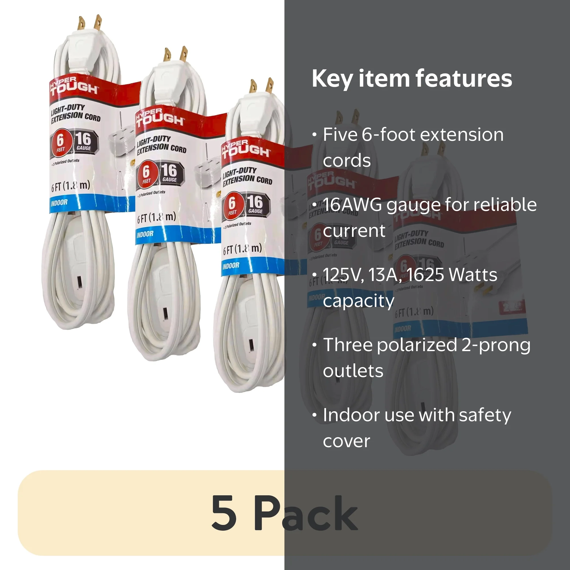 5 pack) Hyper Tough 6FT 16AWG Indoor Household Extension Cord
