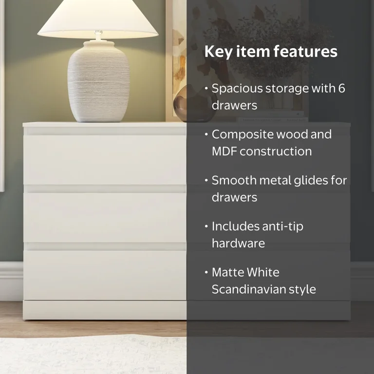 Hillsdale, Brindle 6 Drawer Dresser, Matte White, Adult Bedroom