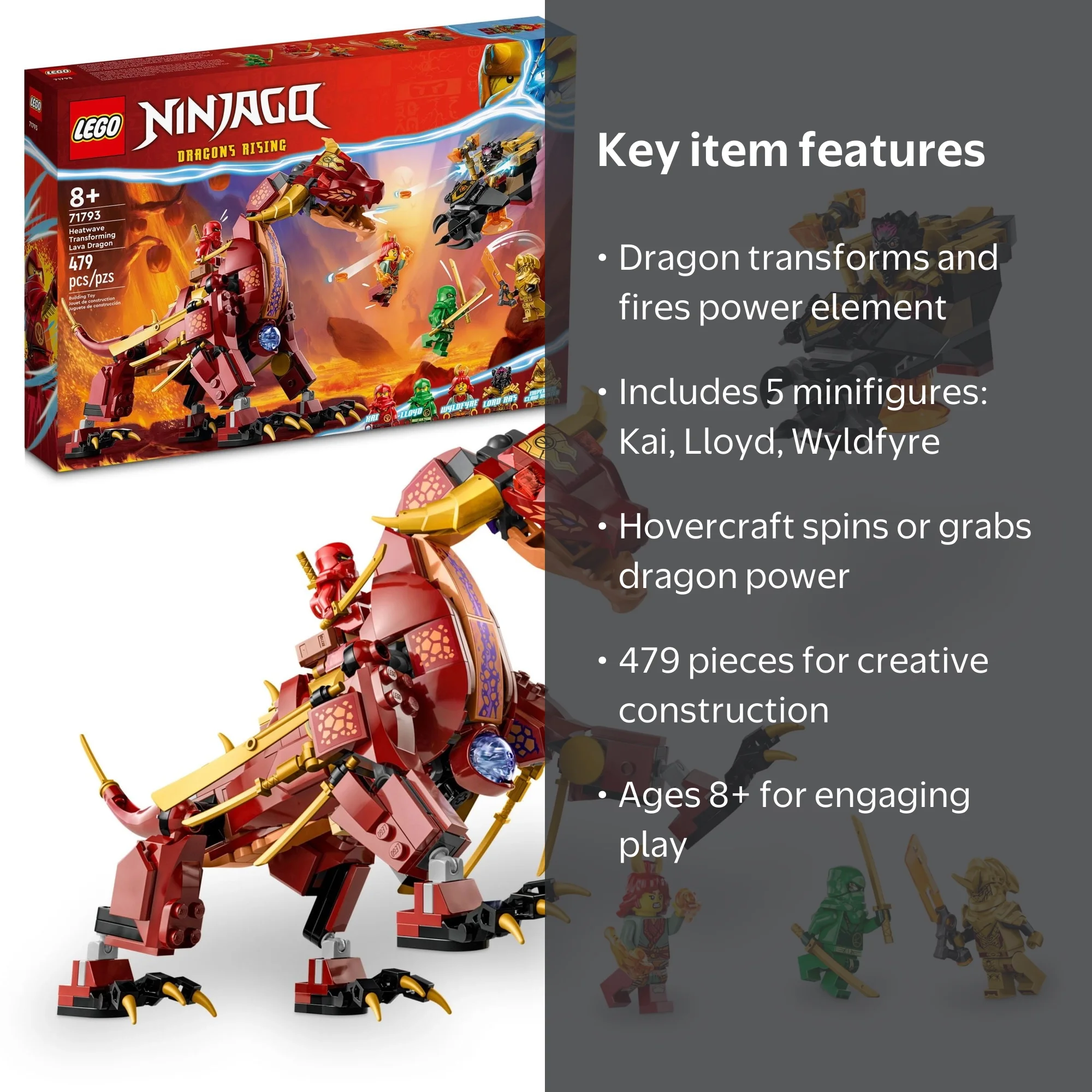 LEGO NINJAGO Heatwave Transforming Lava Dragon 71793 Toy Set with