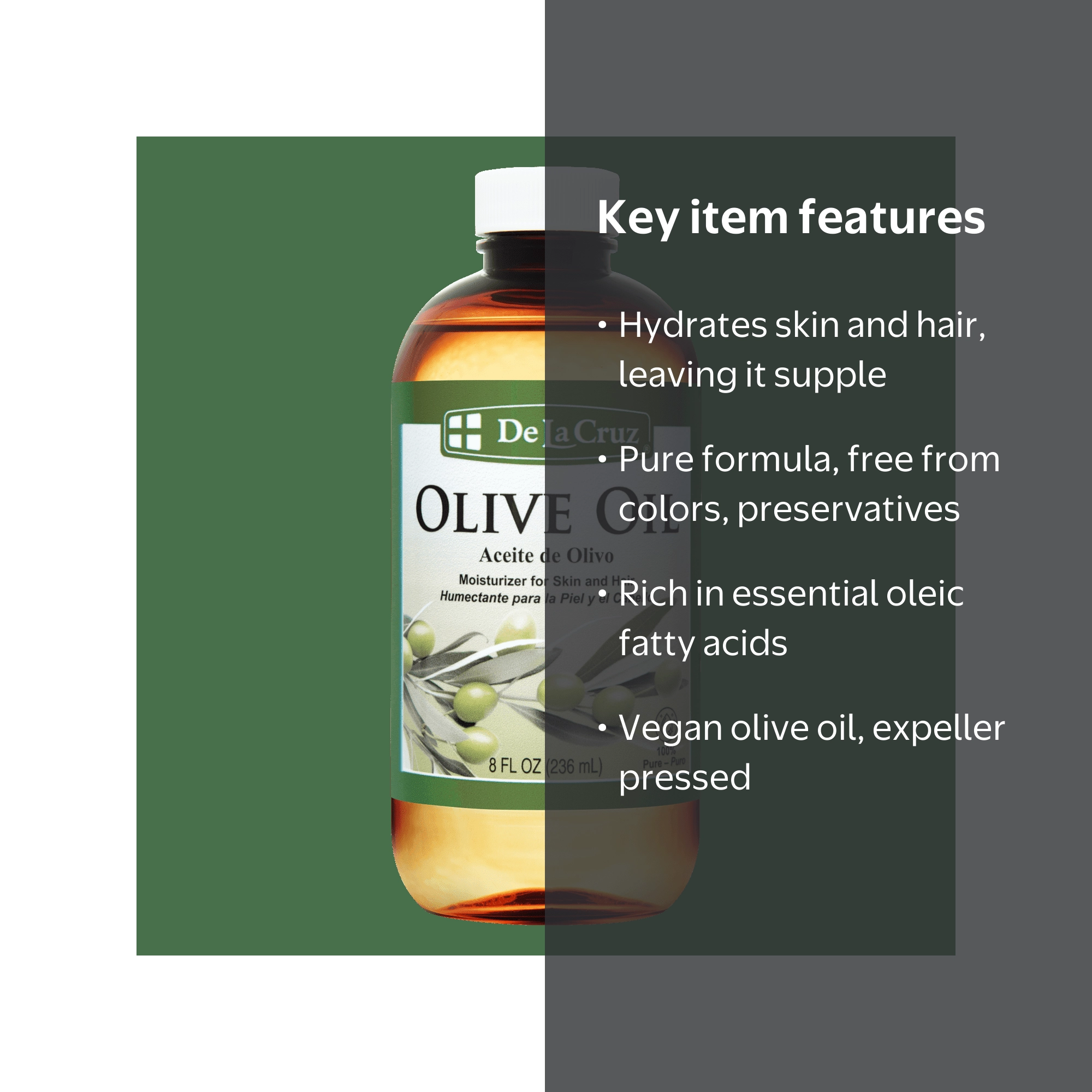 De La Cruz Olive Oil Vegan Skincare, 8 fl oz, Hydrating for Hair
