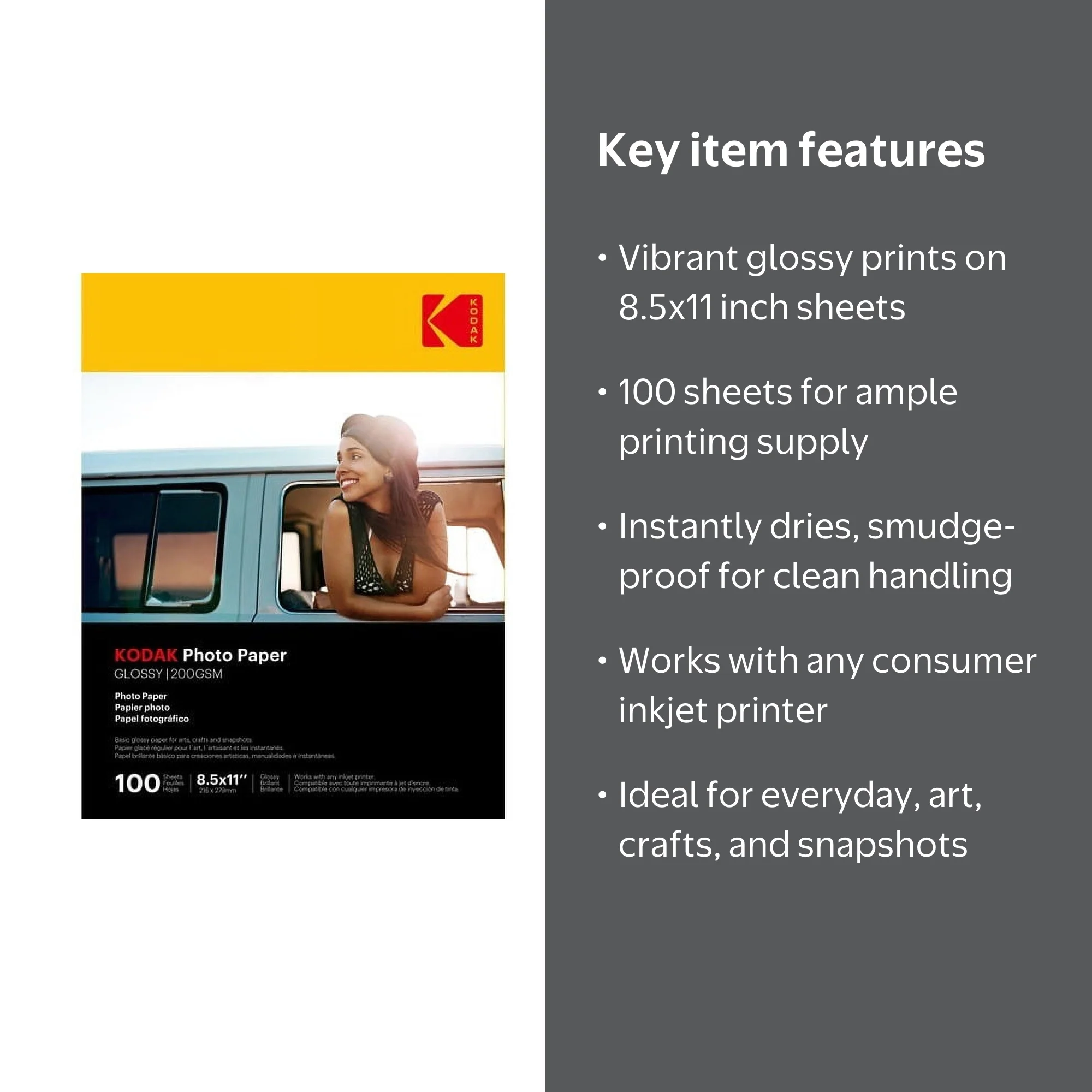 KODAK Glossy Photo Paper for Inkjet Printer, 8.5 x 11, 100 Count