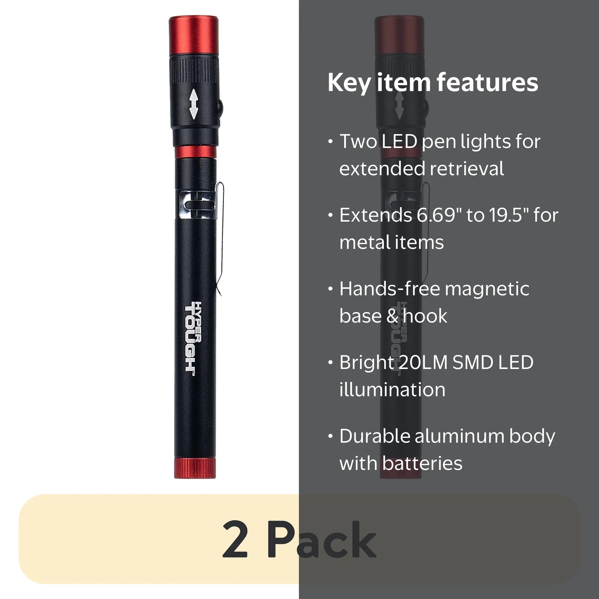 2 pack) Hyper Tough 20 Lumen Extendable LED Pen Light - Magnetic