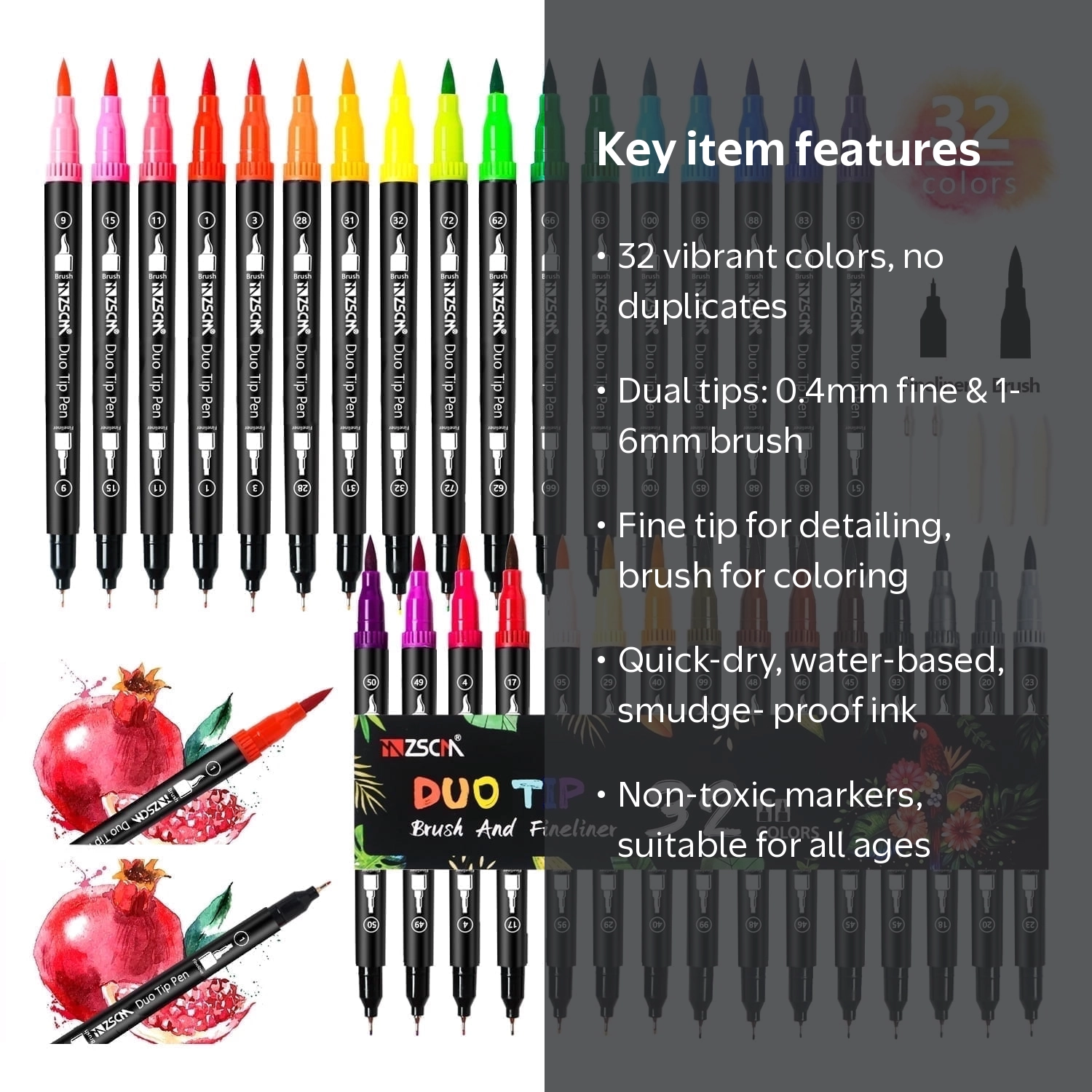 ZSCM, Art Marker Set, 32 Vibrant Colors, Duo Tip Brush Markers