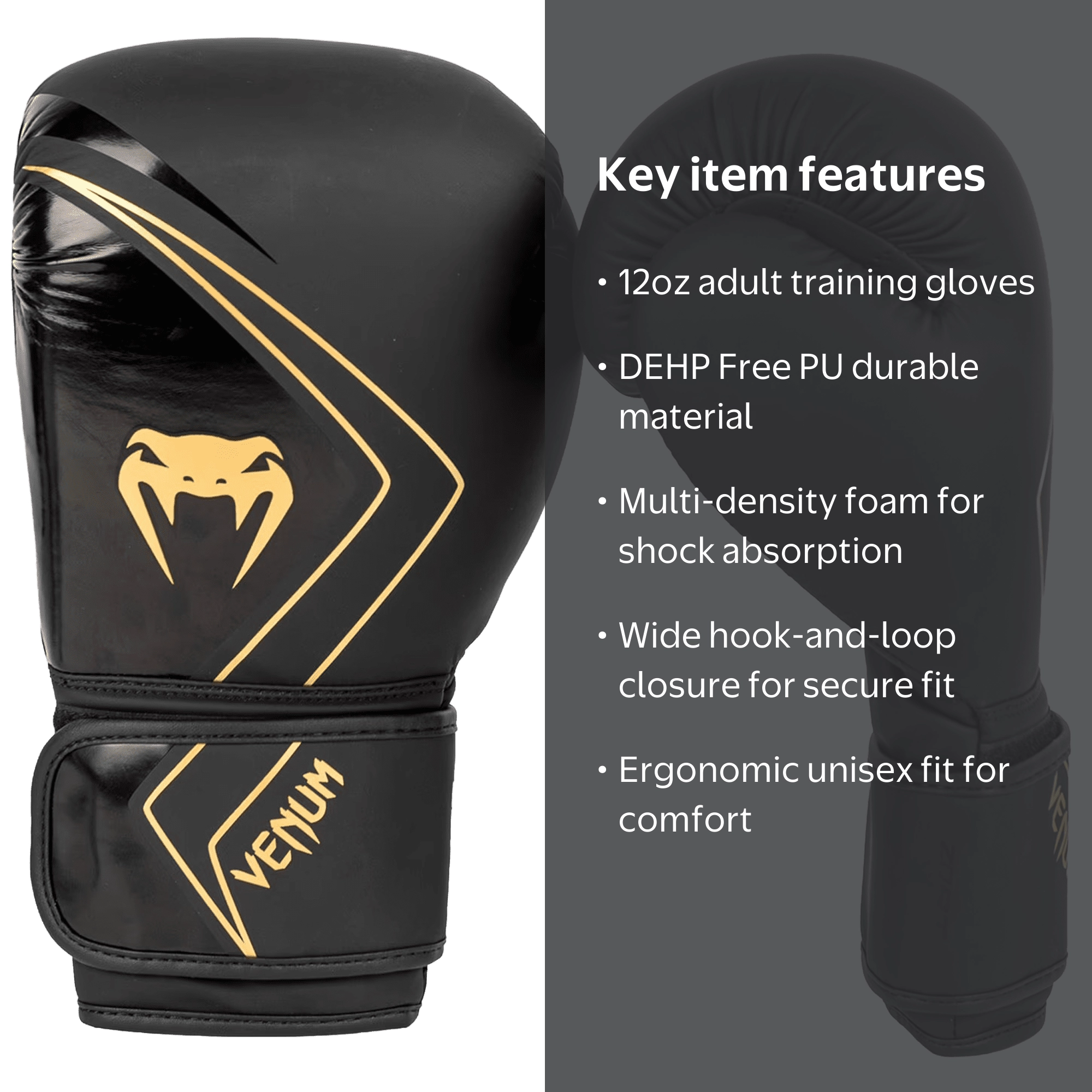Venum PU Contender 2.0 Boxing Gloves - Black/Gold - 12oz - Unisex