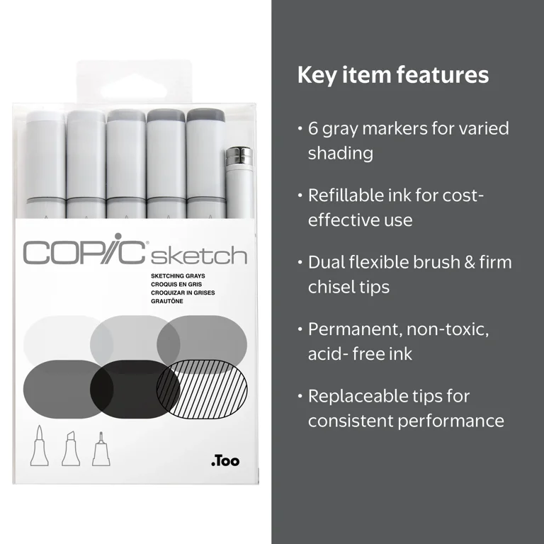 Copic, Sketch Marker Set, 6-Colors, Grays with Dual Tips - Walmart.com