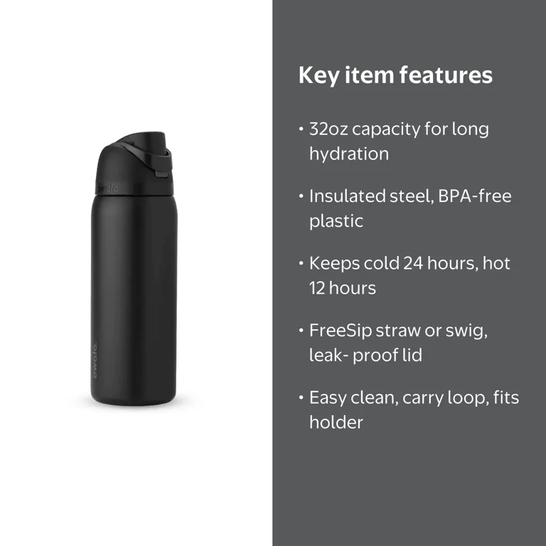 Owala Freesip Water Bottle Stainless Steel 32oz Very Dark Black