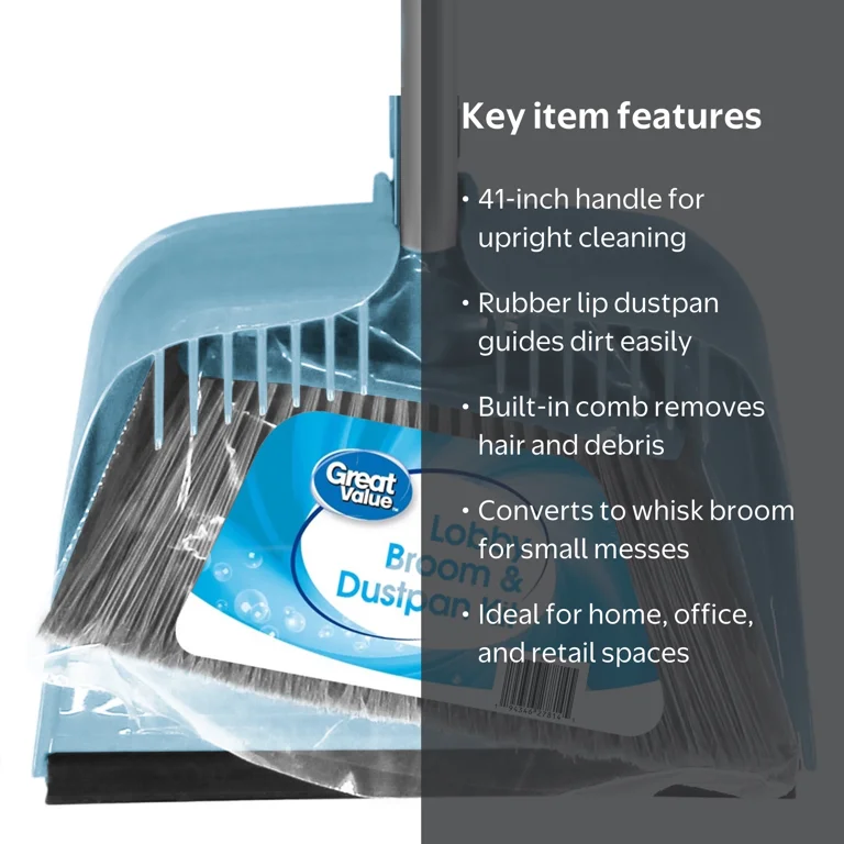 Great Value Lobby Broom and Dustpan Set, Blue, 2.75 x 11.81 x 41