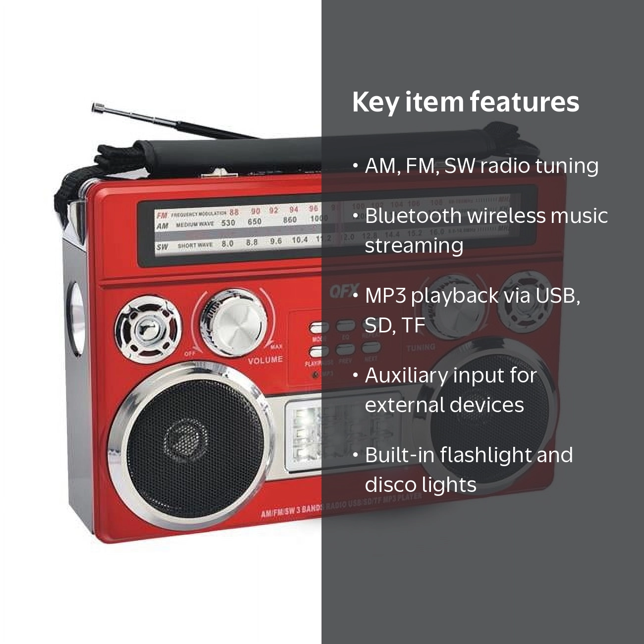 QFX R-333BT RED Retro AM & FM SW Radio with Bluetooth Flashlight