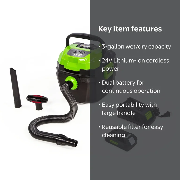 Greenworks 24V Cordless 3 Gallon Wet Dry Shop Vacuum with 2.0 Ah