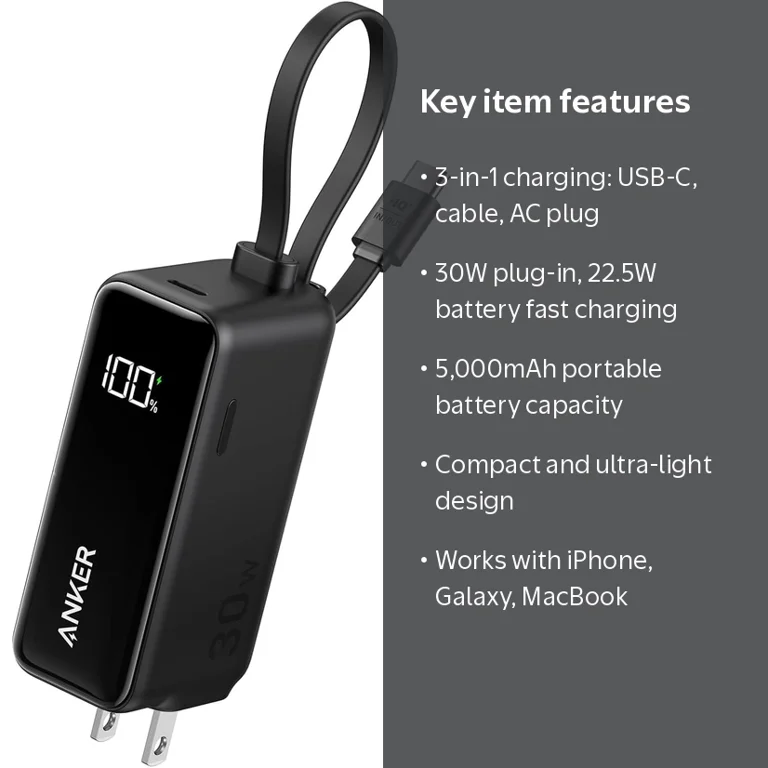 Anker Power Bank USB C Charger Block, 3-in-1 5,000mAh Portable