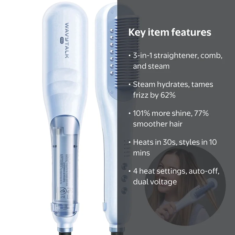 Wavytalk, 3 in 1 Steam Hair Straightener Brush, Model NRK150, Blue