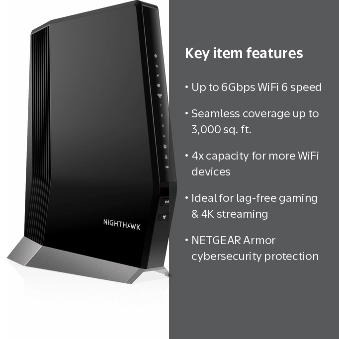 NETGEAR Nighthawk AX6000 WiFi 6 Cable Modem Router, DOCSIS 3.1