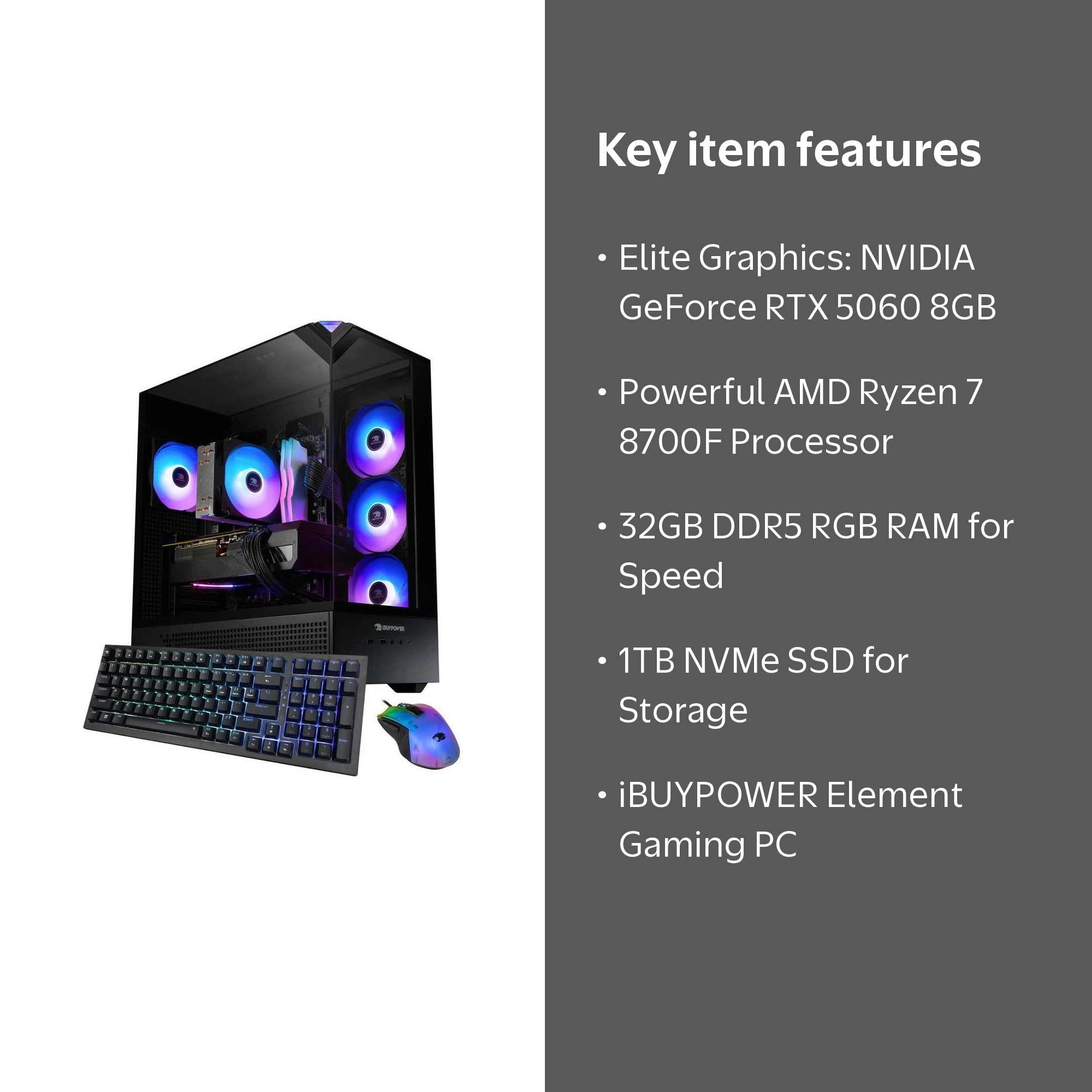 iBUYPOWER, Gaming PC Desktop, Ryzen 7 8700F RTX 5060 32GB RAM 1TB