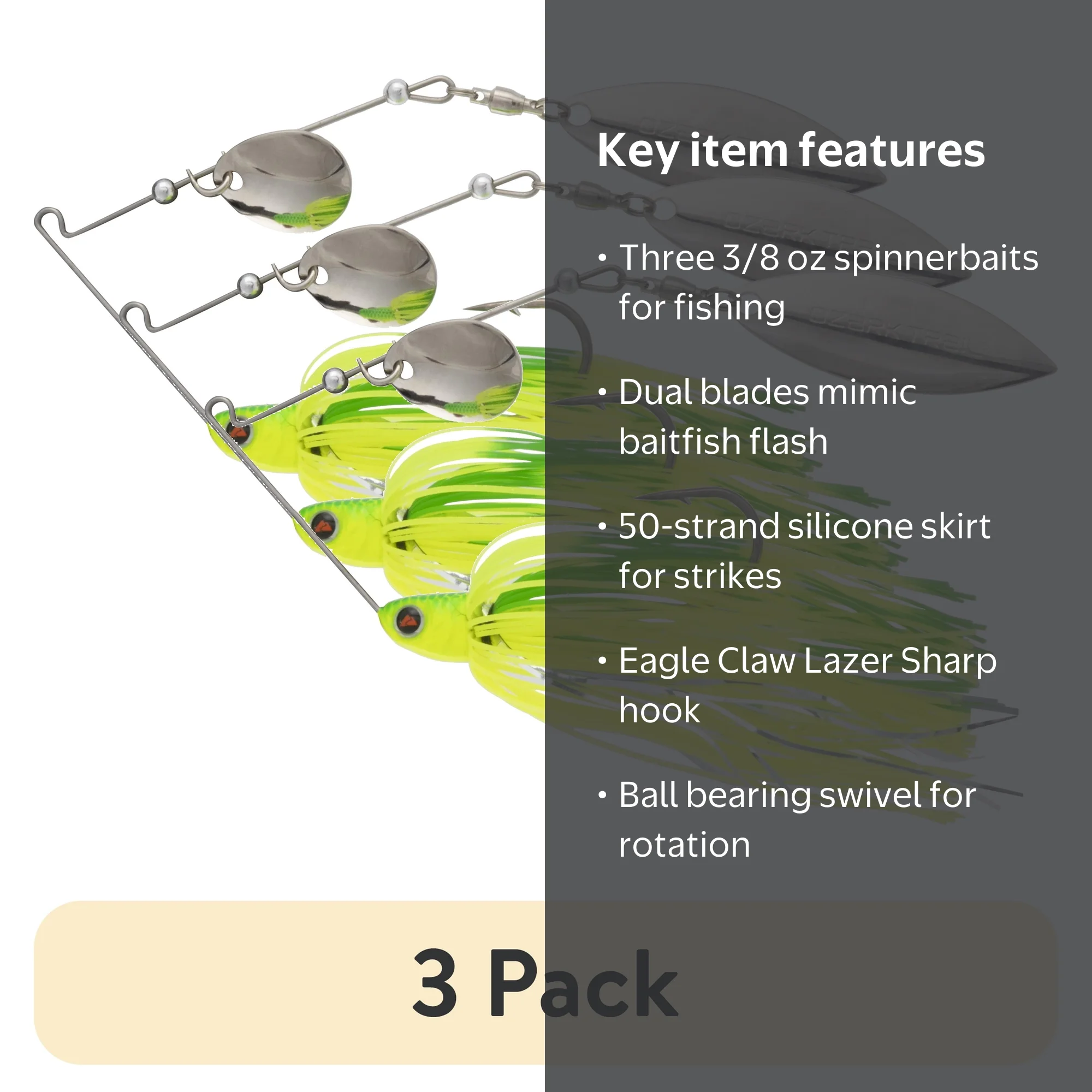 3 pack) Ozark Trail 3/8 oz. Spinnerbait Lure for Bass Fishing