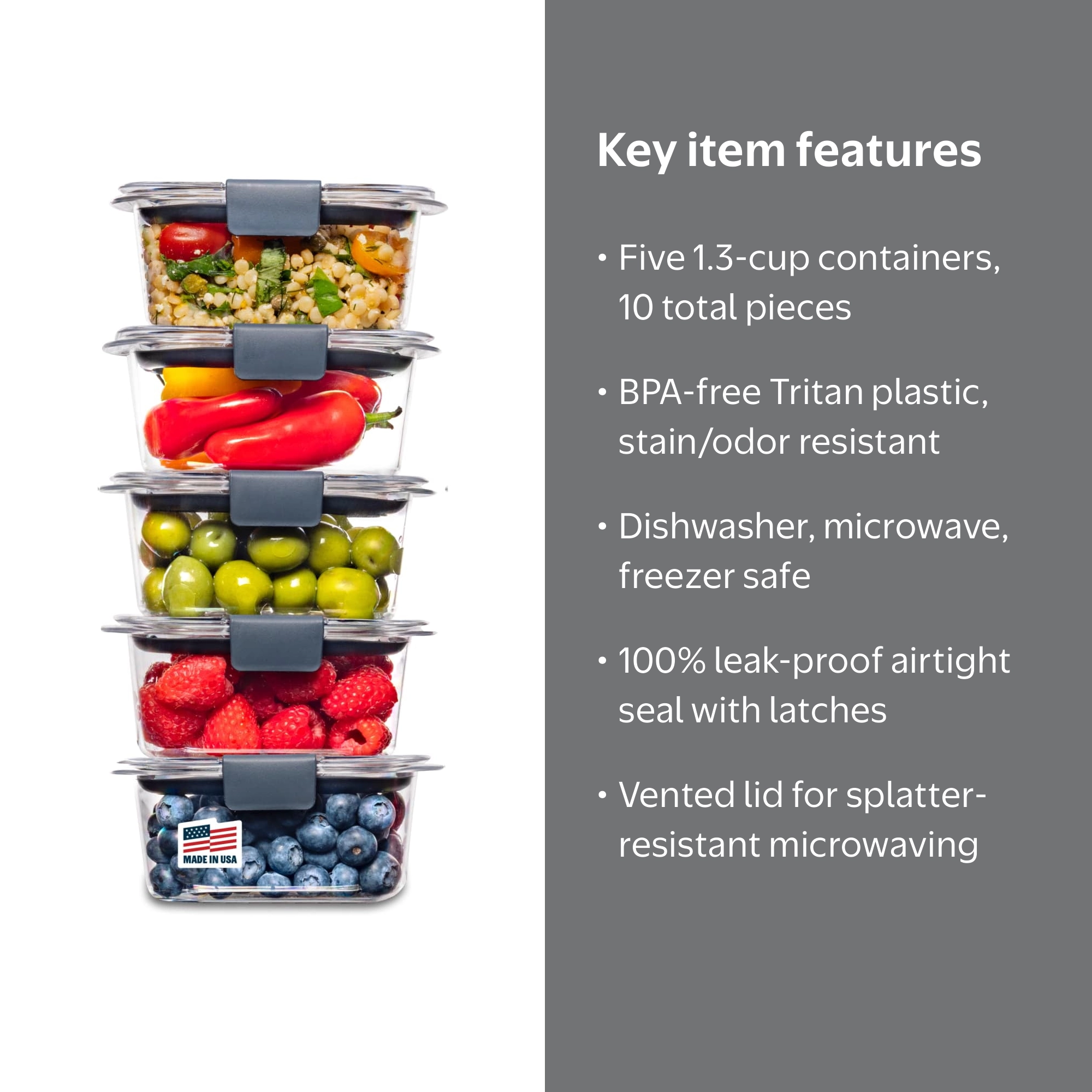 Rubbermaid, Brilliance Tritan Food Storage Set of 5, 1.3 Cup, Leak