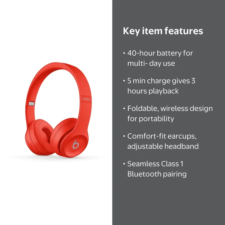 Beats Solo3 Wireless On-Ear Headphones, Red, with Apple W1 Chip