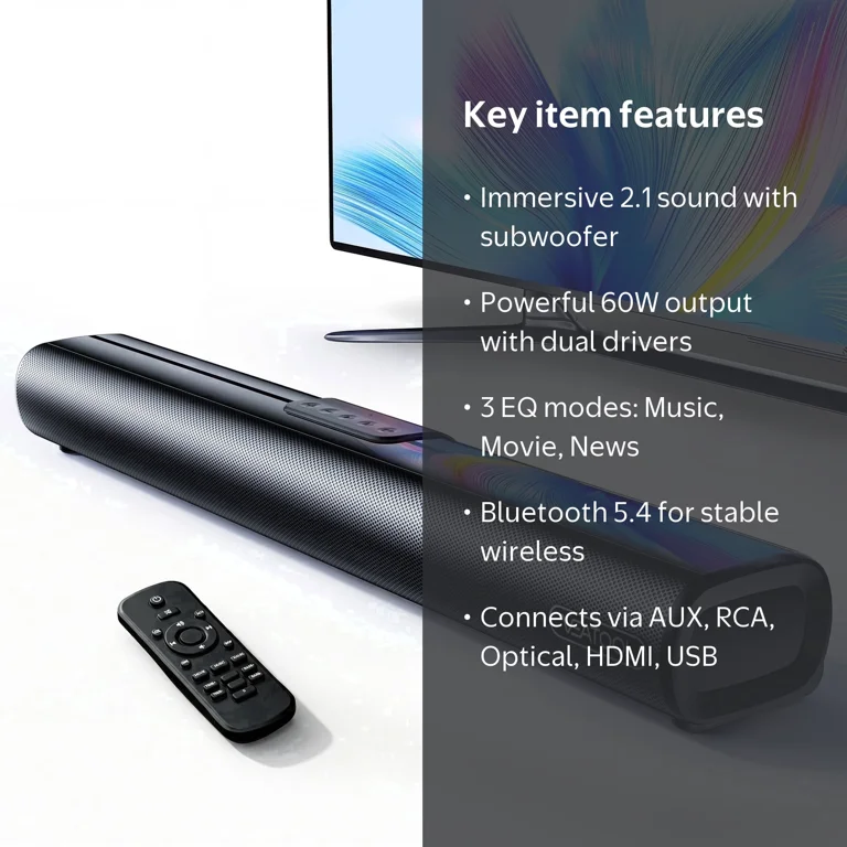 VEATo0L, Sound Bar, 2.1ch, Bluetooth 5.4 Wireless, Wall Mountable