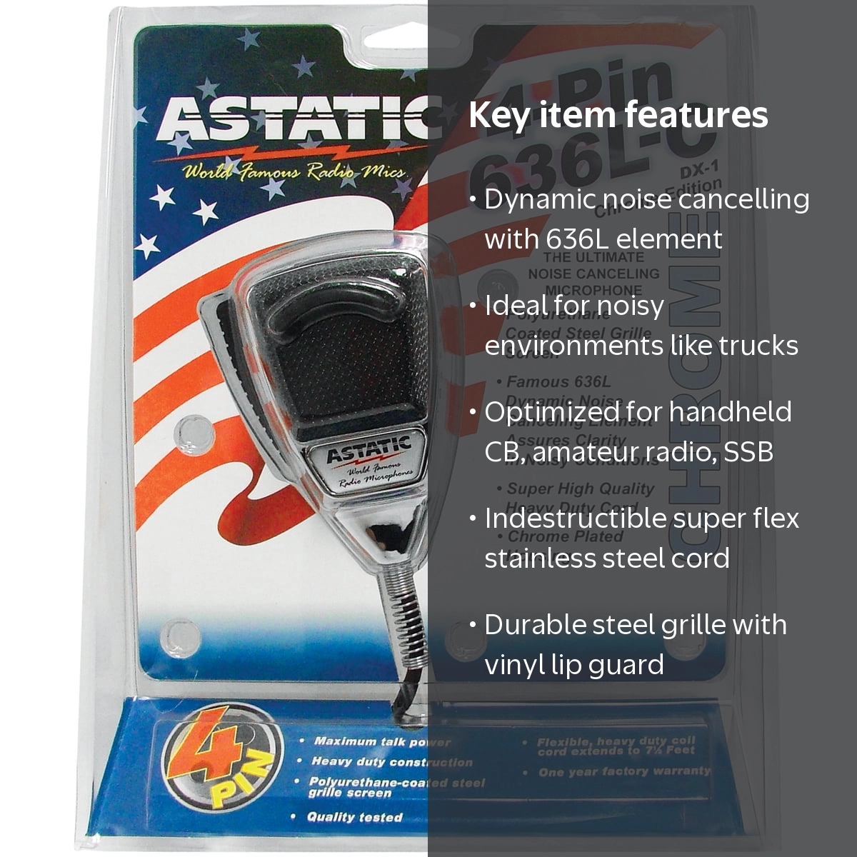 Astatic, Noise Cancelling 4-Pin CB Microphone, 636L, Chrome