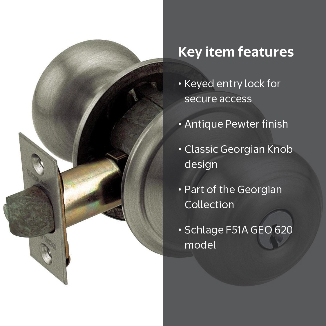 Schlage F51A GEO 620 Georgian Knob Keyed Entry Lock, Antique