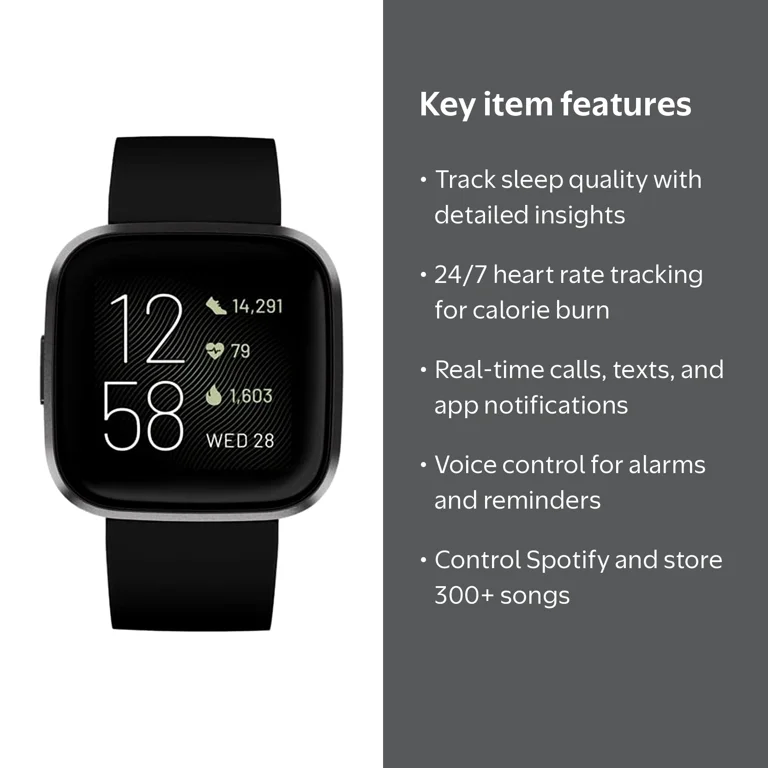 Fitbit Versa 2 Smartwatch, Carbon, Silicone Band, Black, Wi-Fi