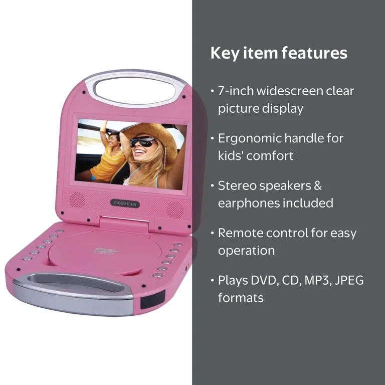 Proscan, Portable DVD Player, PDVD7049, 7-Inch Widescreen Pink