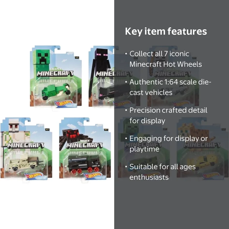 Hot Wheels, Minecraft Character Cars, Complete Set of 7, 1:64