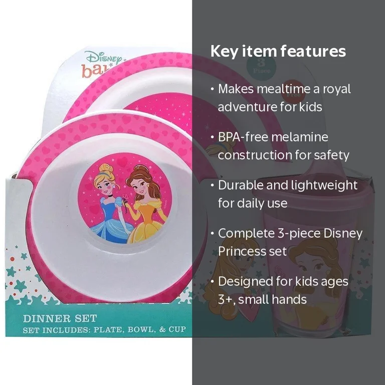 UPD, Disney Princess Dinnerware 3 Piece Set for Kids Ages 3 and Up
