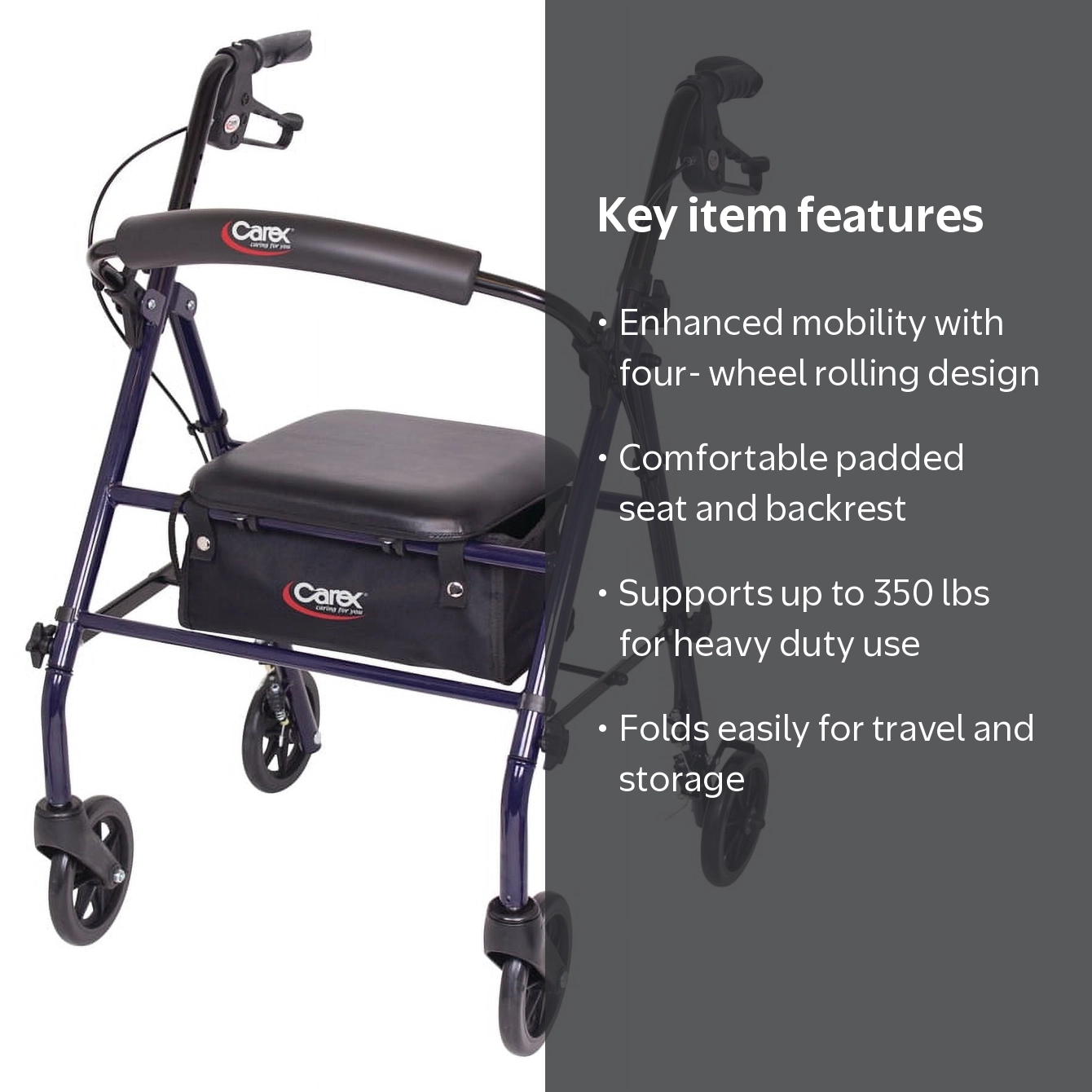 Carex Steel Rollator Transport Walker with Padded Seat, 6