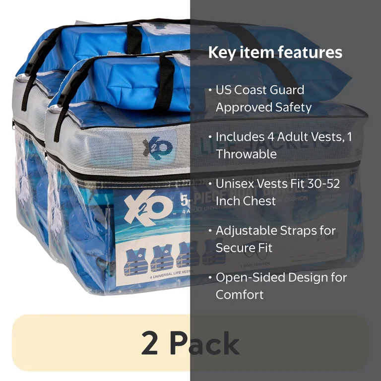 X2O 5-Pack Boat Bundle: 4 Adult Life Vests & Throwable Cushion