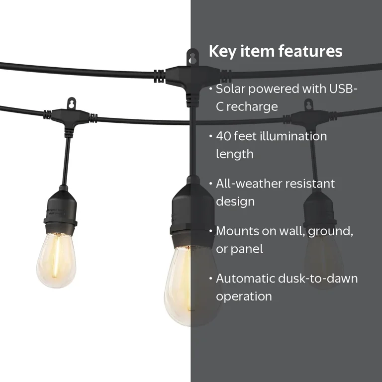 Artika, Outdoor Solar String Lights, 20 LED Bulbs, Matte Black