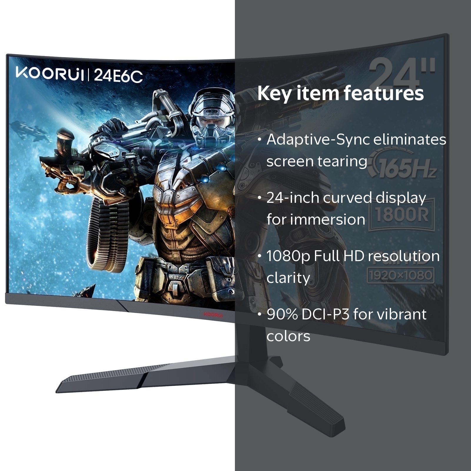 KOORUI 24 inch 165Hz Curved Gaming Monitor with Adaptive Sync, FHD