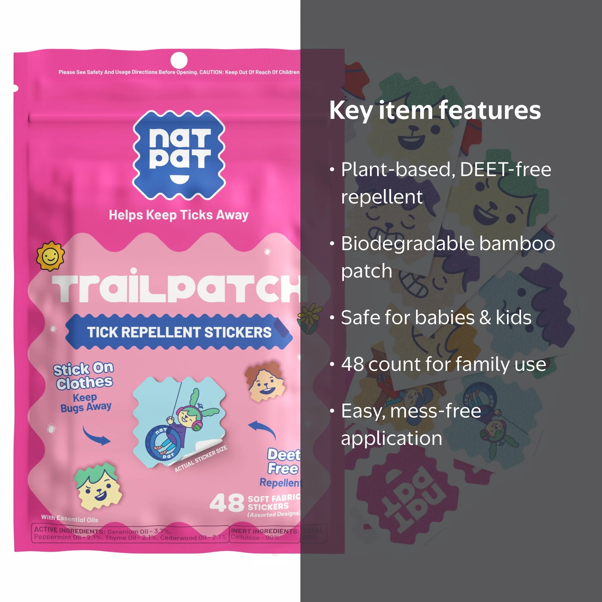NATPAT, TrailPatch Tick Repellent Stickers, 48 Ct, Kid-Friendly