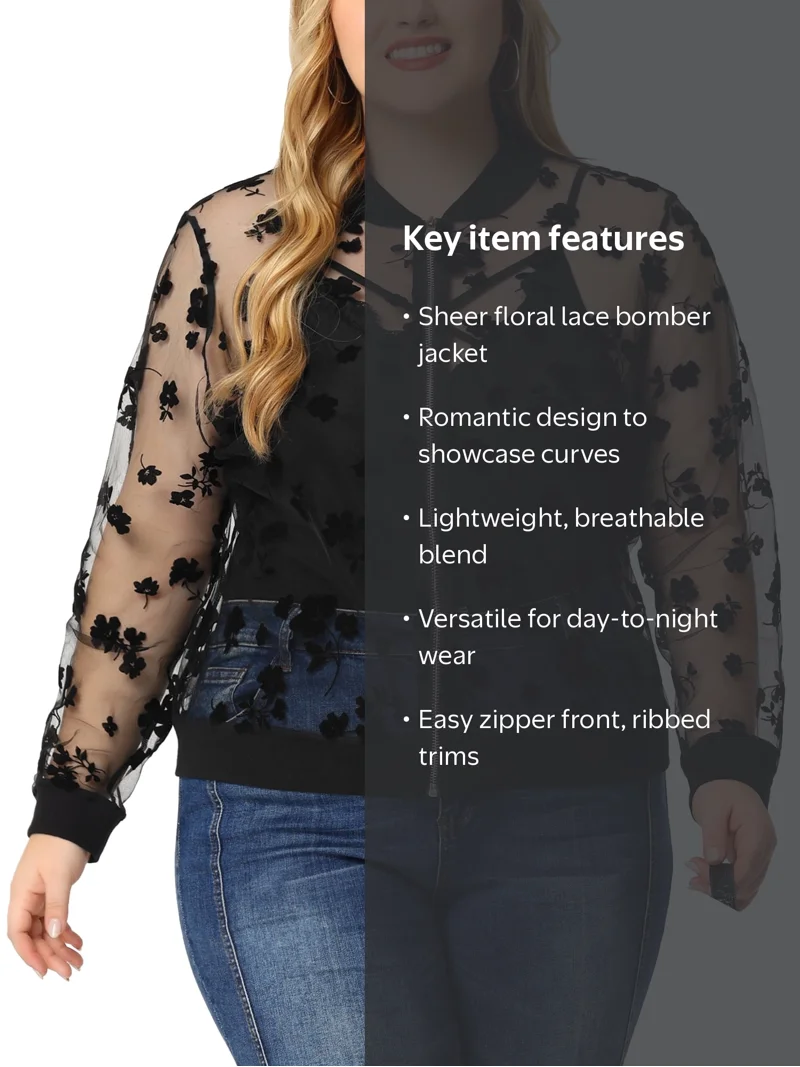 ジャケット・アウター Vintage Black Floral Lace Sheer Jacket Agnes Orinda Women's Plus Size School College Sheer Jackets Long