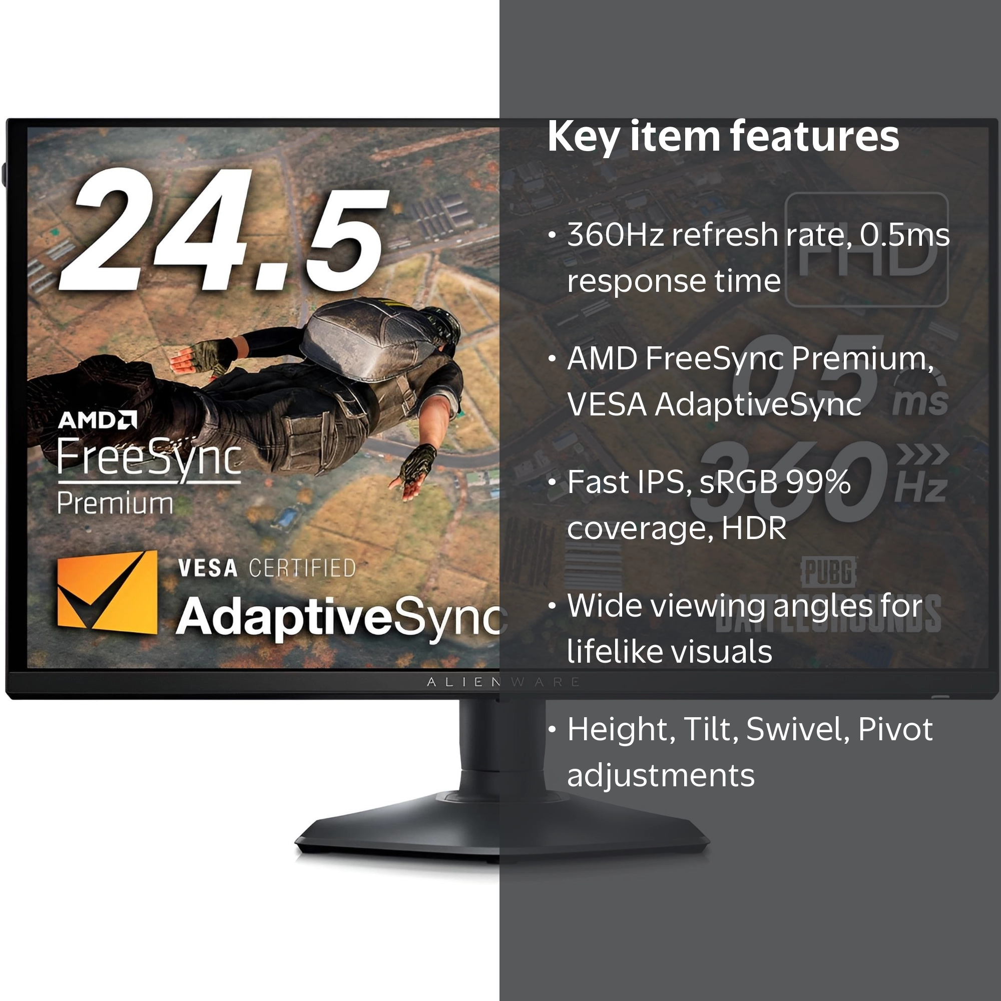 Alienware, Gaming Monitor, 24.5-inch, 360Hz, Dark Side of The Moon