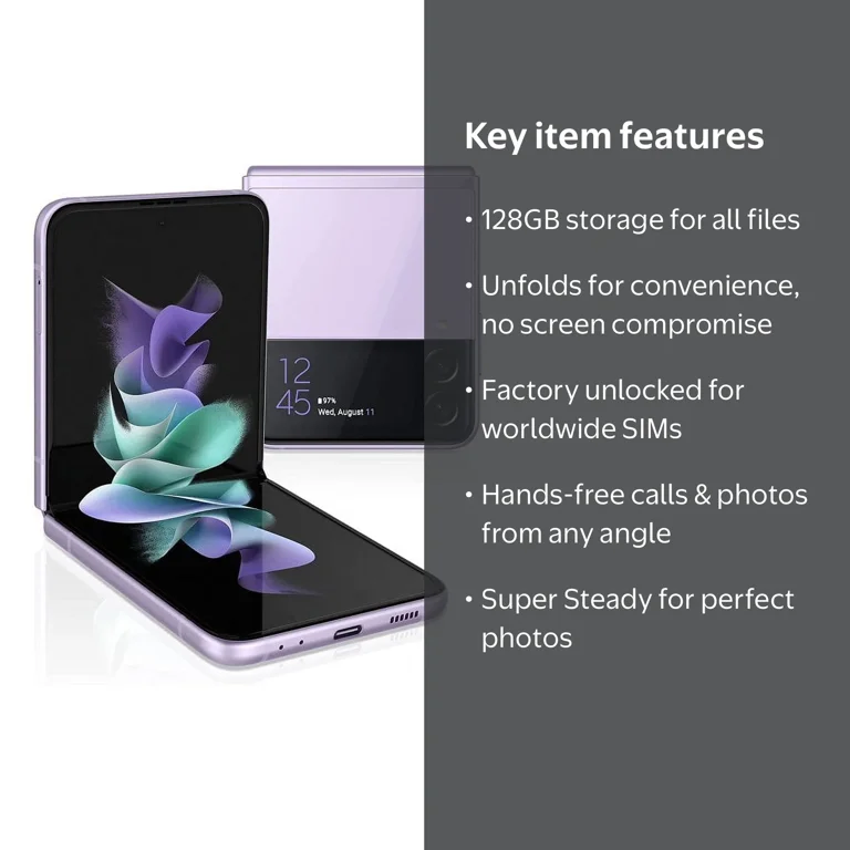 SAMSUNG Galaxy Z Flip 3 5G 128GB Lavender Cellphone, Factory