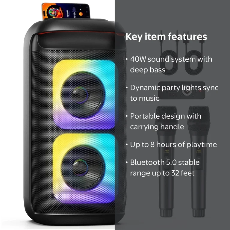 JYX Portable Party Speaker, Bluetooth Speaker with 2 Mics, Deep