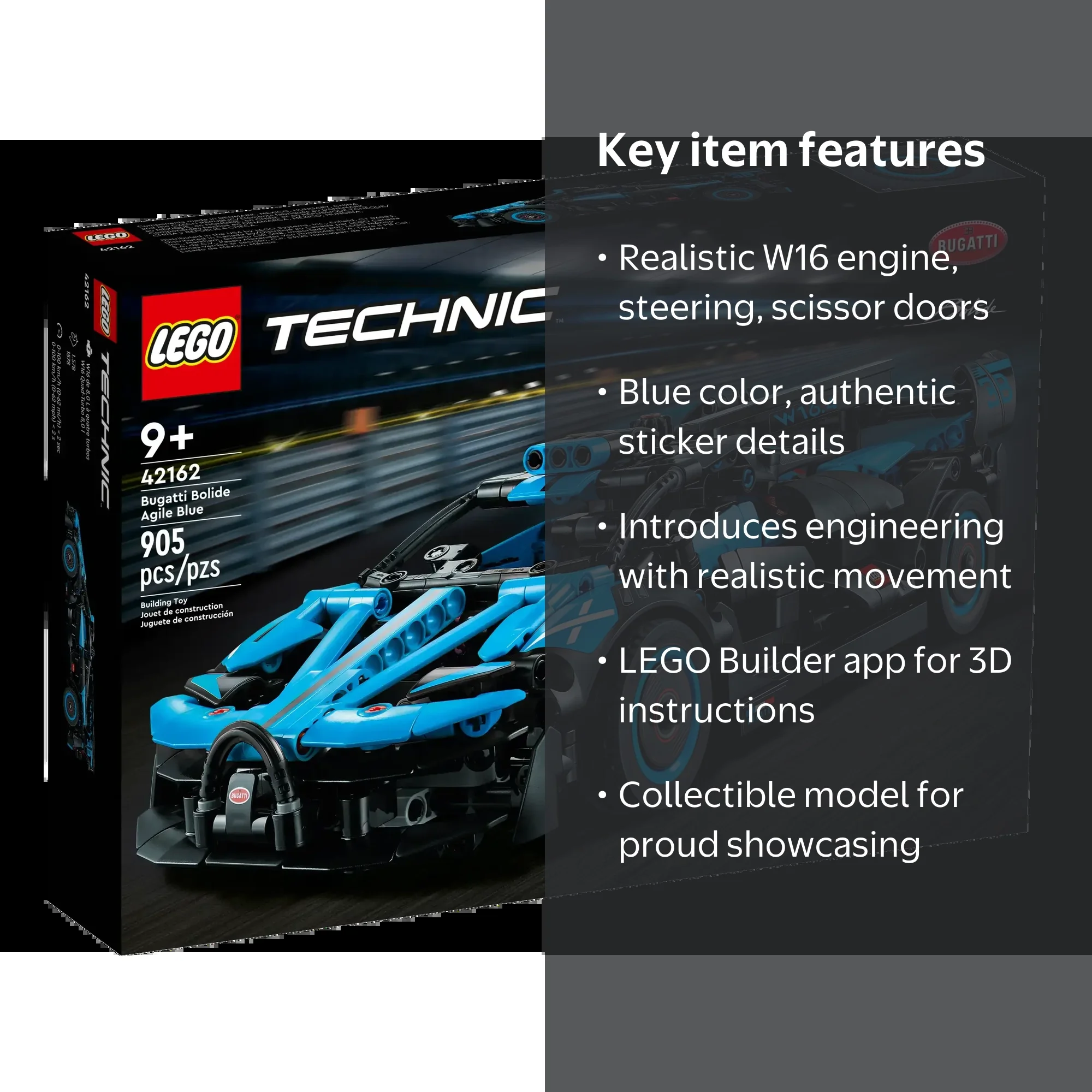 LEGO, Technic Bugatti Bolide Agile Blue, 42162, Race Car Model