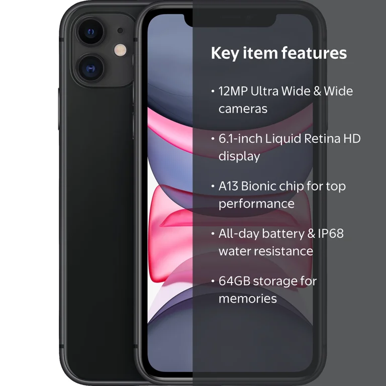 Walmart Family Mobile Apple iPhone 11, 64GB, 4GB RAM, Black
