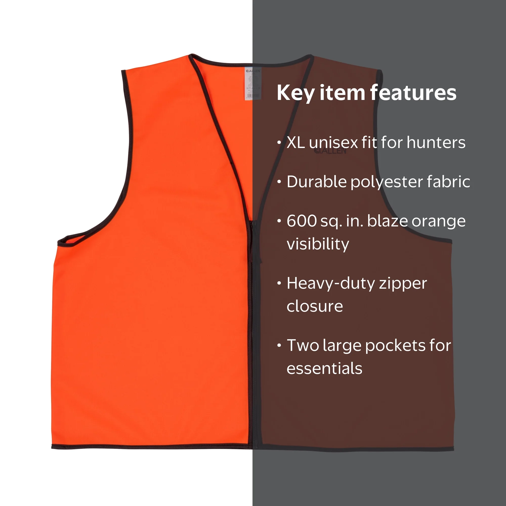 Allen Company Deluxe Blaze Orange Hunting Vest, XL, Unisex, Zipper