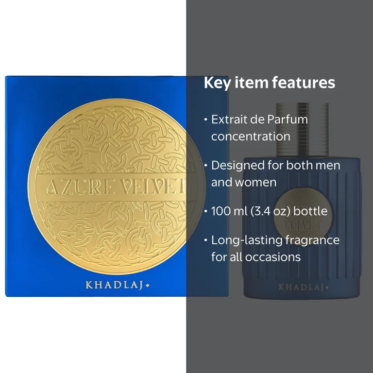 Khadlaj Azure Velvet Extrait de Parfum, 3.4oz / 100ml, Unisex