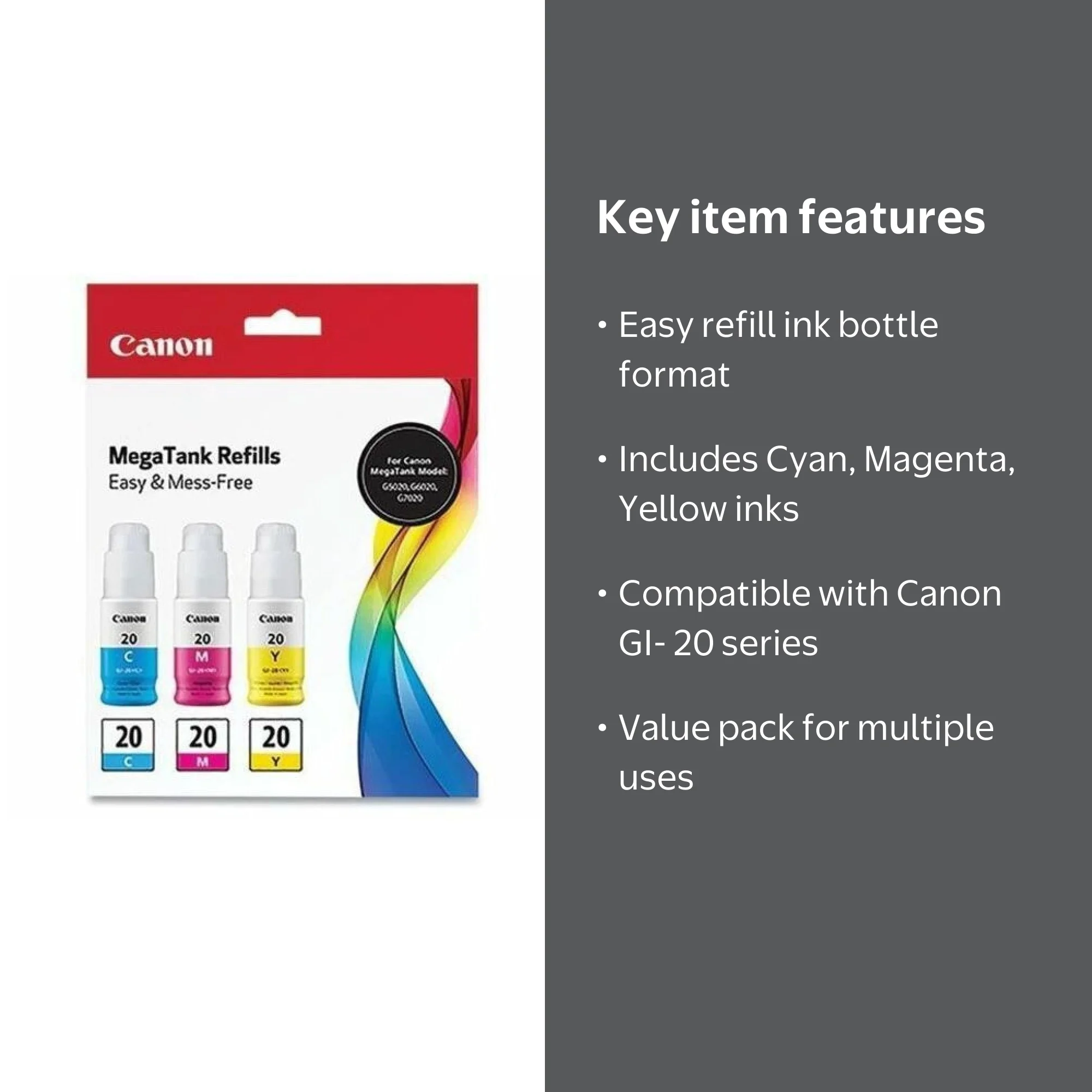 Canon GI-20 CMY Inkjet Refill Kit, 3-Pack for PIXMA G5020, G6020