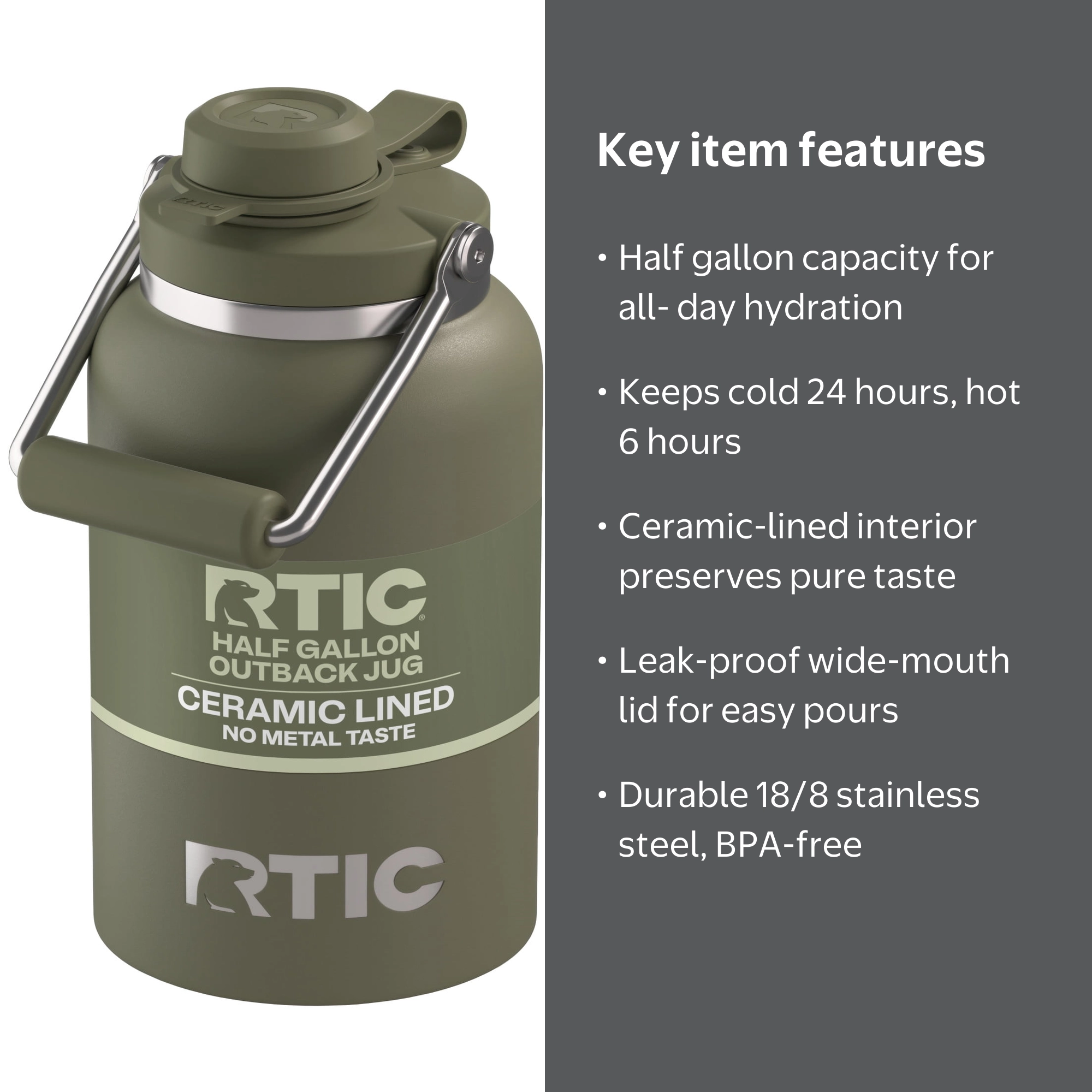 RTIC Half Gallon Ceramic Lined Insulated Outback Water Bottle Jug